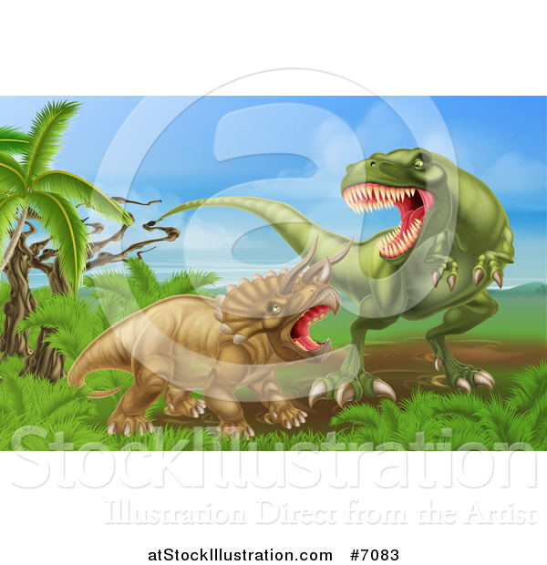 Vector Illustration of a 3d Hungry Tyrannosaurus Rex Dinosaur Attacking a Triceratops