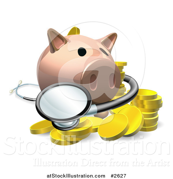 Vector Illustration of a 3d Investment Piggy Bank with a Stethoscope and Coins