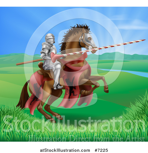 Vector Illustration of a 3d Knight Holding a Jousting Lance on a Rearing Brown Horse in a Valley