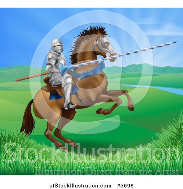 Vector Illustration of a 3d Knight Holding a Jousting Lance on a Rearing Horse in a Valley