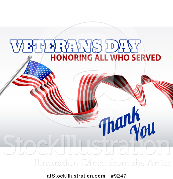 Vector Illustration of a 3d Long Rippling American Flag with Veterans Day Honoring All Who Served Thank You Text on Gray