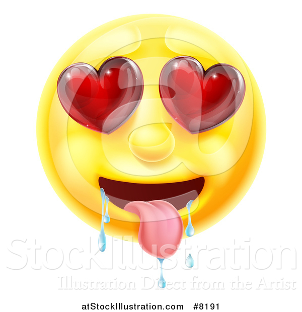 Vector Illustration of a 3d Lusting Yellow Male Smiley Emoji Emoticon Face Drooling, with Heart Eyes