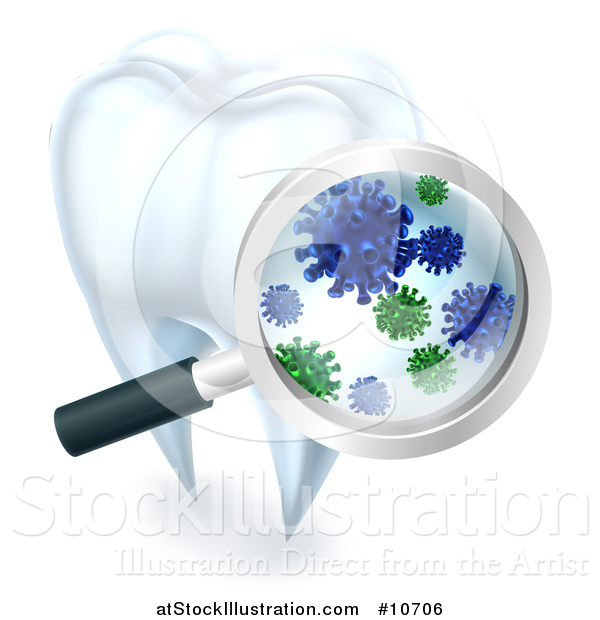 Vector Illustration of a 3d Magnifying Glass Discovering Germs or Bacteria on a Tooth