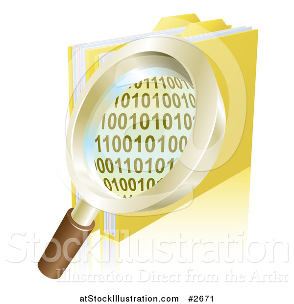 Vector Illustration of a 3d Magnifying Glass over Binary Coding and Data Folders