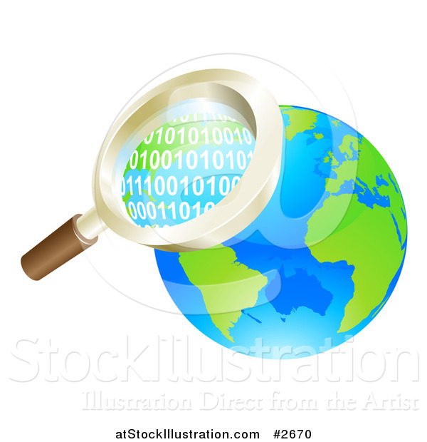 Vector Illustration of a 3d Magnifying Glass Searching Globe Binary Coding