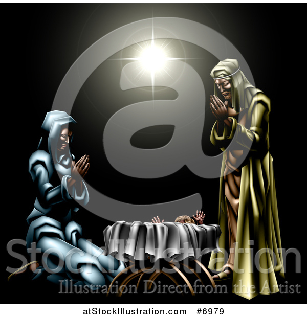 Vector Illustration of a 3d Mary and Joseph Praying over Baby Jesus Under the Star of Bethlehem