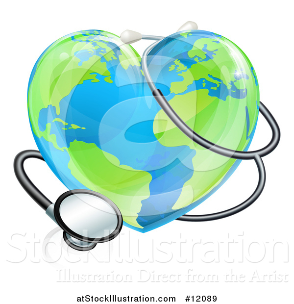 Vector Illustration of a 3d Medical Stethoscope Around a Heart World Earth Globe