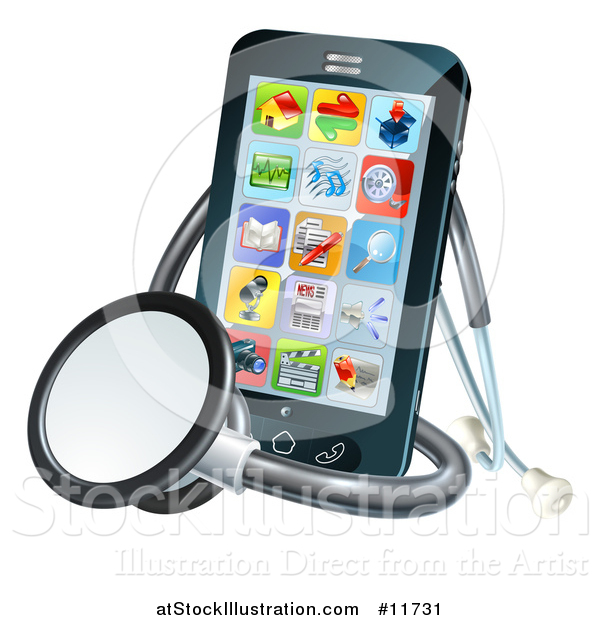 Vector Illustration of a 3d Medical Stethoscope Around a Smart Phone with Apps on the Screen