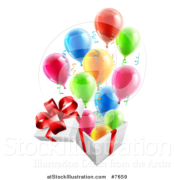 Vector Illustration of a 3d Open Gift Box with Streamers and Colorful Party Balloons