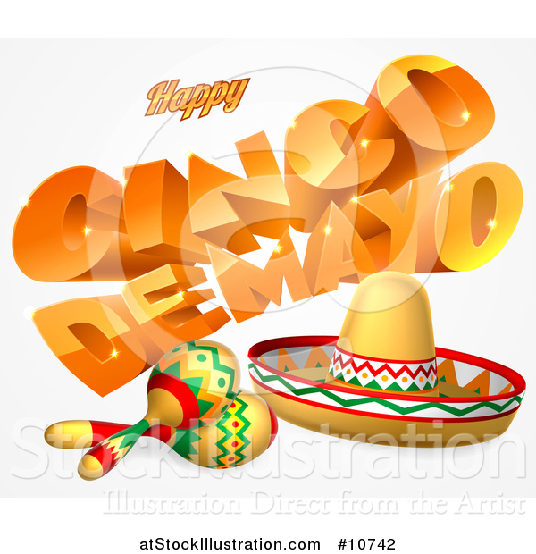 Vector Illustration of a 3d Orange Happy Cinco De Mayo Text with a Sombrero and Maracas