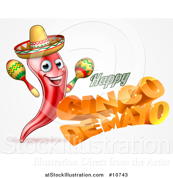 Vector Illustration of a 3d Orange Happy Cinco De Mayo Text with a Sombrero and Maracas