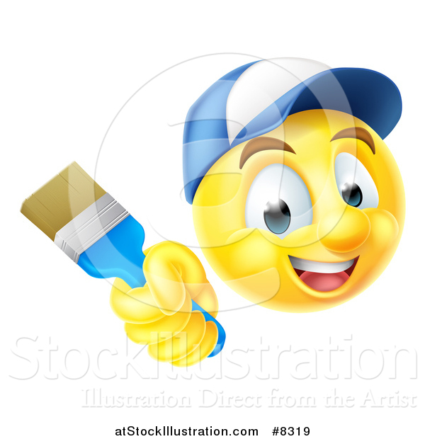 Vector Illustration of a 3d Painter Yellow Smiley Emoji Emoticon Face Holding a Brush