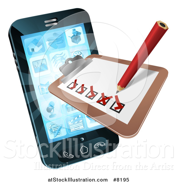 Vector Illustration of a 3d Pencil and Survey Check List Emerging from a Smart Phone Screen
