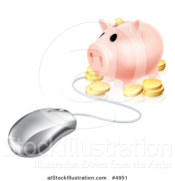 Vector Illustration of a 3d Piggy Bank with Coins Connected to a Computer Mouse