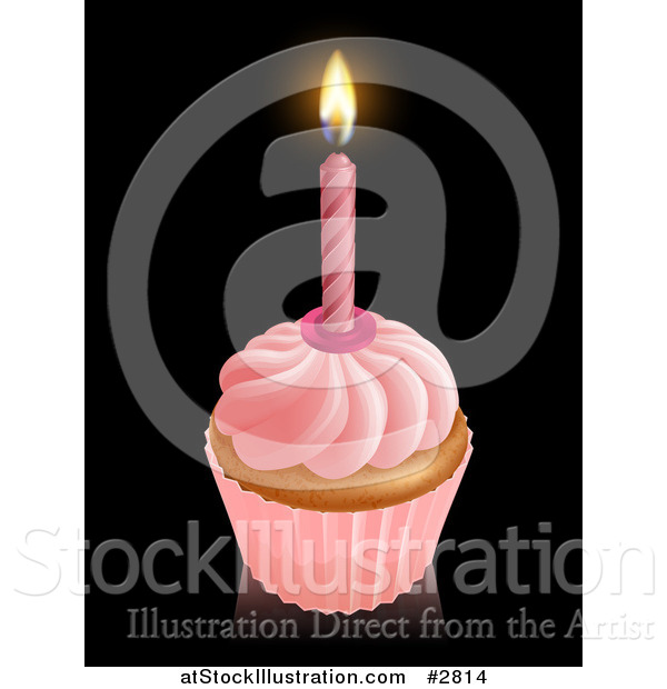 Vector Illustration of a 3d Pink Frosted Birthday Cupcake with a Lit Candle