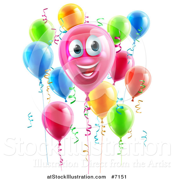 Vector Illustration of a 3d Pink Smiling Happy Birthday Balloon Character with Other Balloons and Ribbons