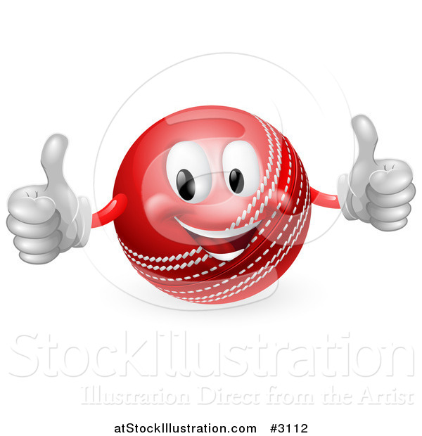 Vector Illustration of a 3d Pleased Cricket Ball Mascot Holding Two Thumbs up
