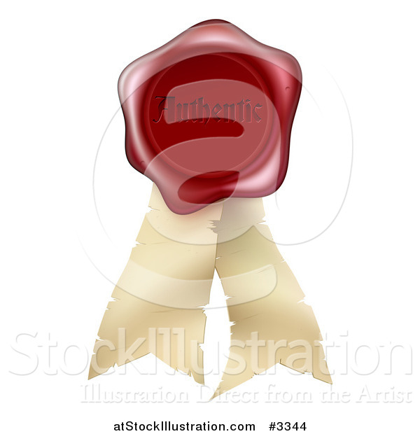 Vector Illustration of a 3d Red Authentic Embossed Wax Seal and Parchment Ribbons