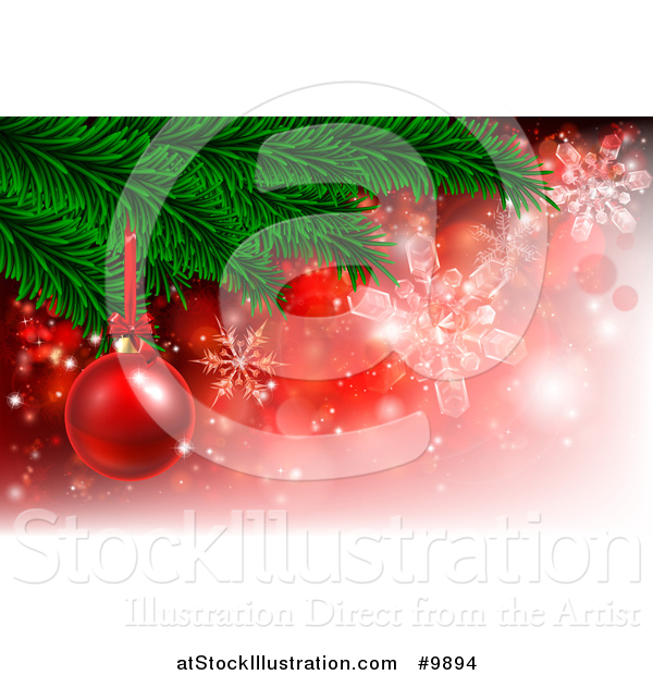 Vector Illustration of a 3d Red Christmas Bauble on a Tree Branch over Red with Snowflakes