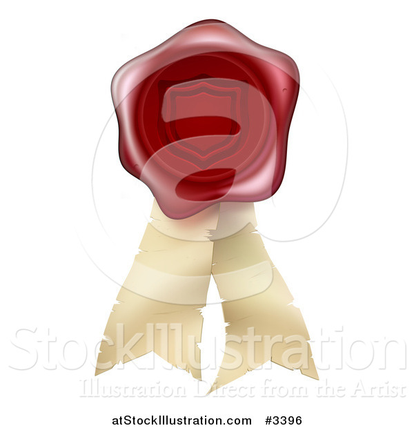 Vector Illustration of a 3d Red Shield Embossed Wax Seal and Parchment Ribbons