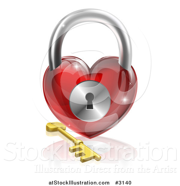 Vector Illustration of a 3d Red Shiny Heart Padlock and Gold Key with a Reflection