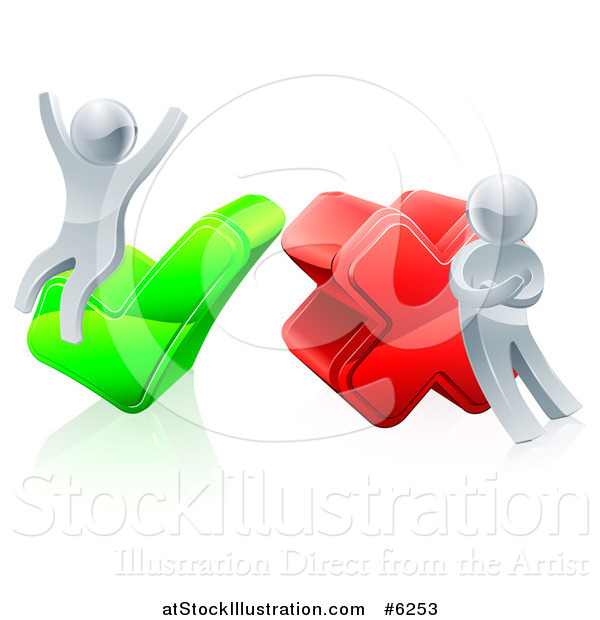 Vector Illustration of a 3d Right and Wrong Silver Men Cheering and Pouting with X and Check Marks