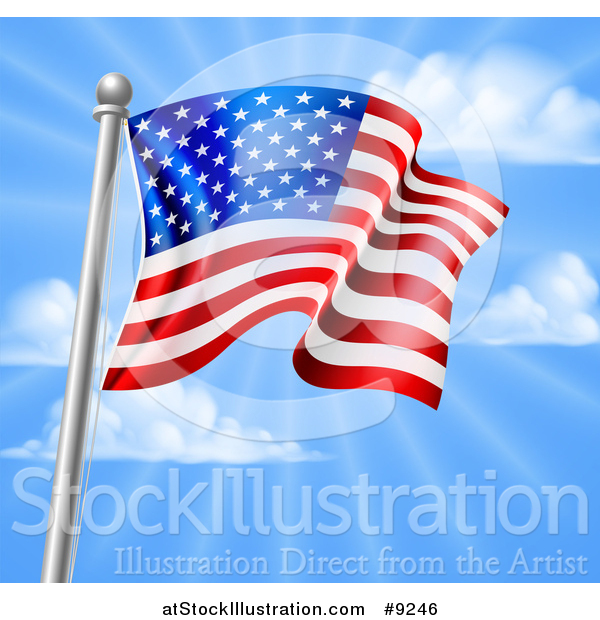 Vector Illustration of a 3d Rippling American Flag on a Silver Pole Against Blue Sky with Rays