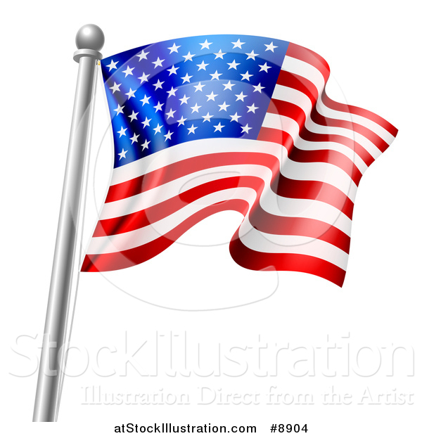 Vector Illustration of a 3d Rippling American Flag on a Silver Pole