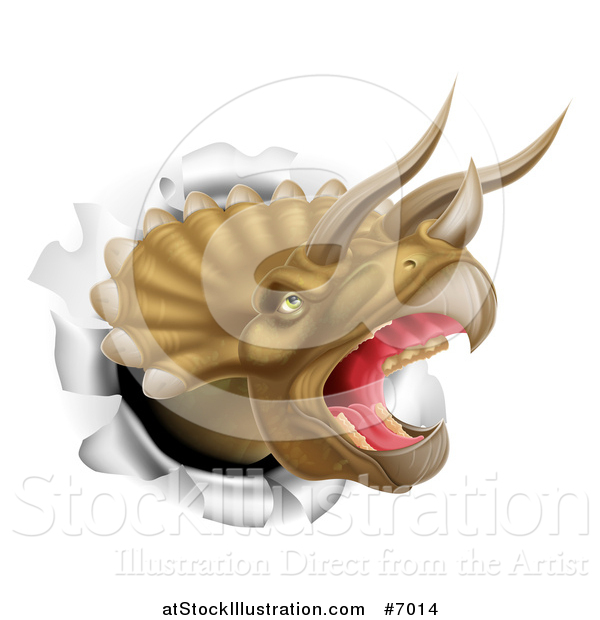 Vector Illustration of a 3d Roaring Angry Triceratops Dino Head Breaking Through a Wall