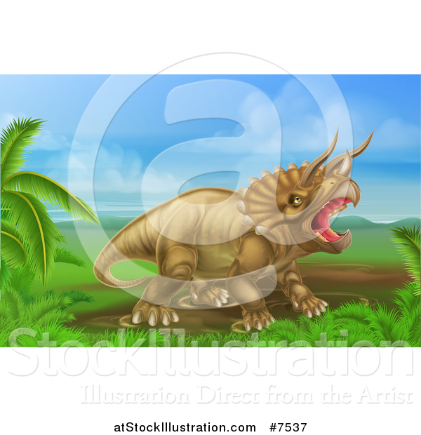 Vector Illustration of a 3d Roaring Angry Triceratops Dinosaur in a Landscape