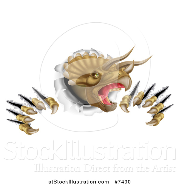 Vector Illustration of a 3d Roaring Angry Triceratops Dinosaur Shredding Through a Wall