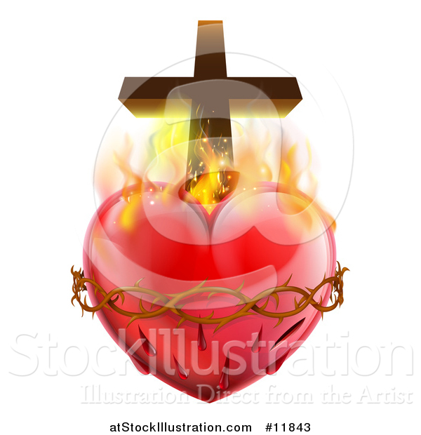 Vector Illustration of a 3d Sacred Heart with Fire Thorns and a Cross