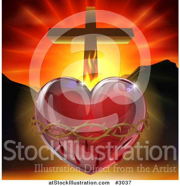 Vector Illustration of a 3d Sacred Heart with Fire Thorns Mountains and a Cross