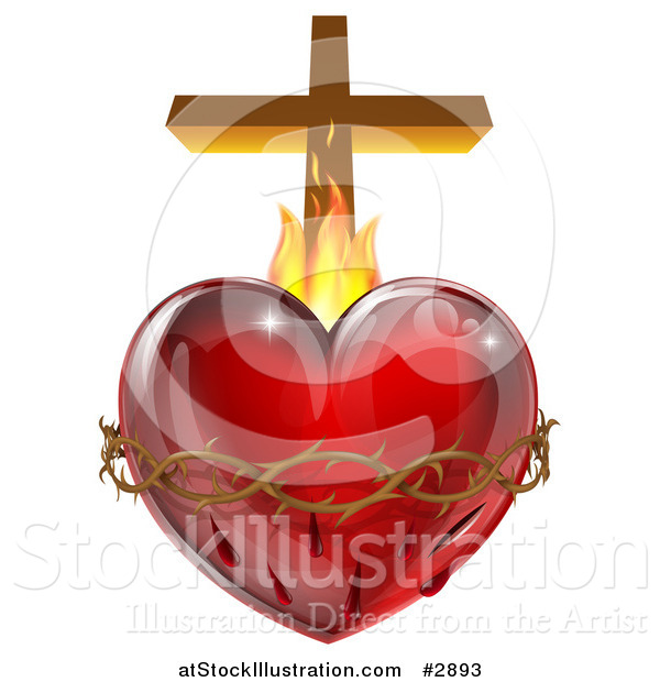 Vector Illustration of a 3d Sacred Heart with Flames Thorns and a Cross