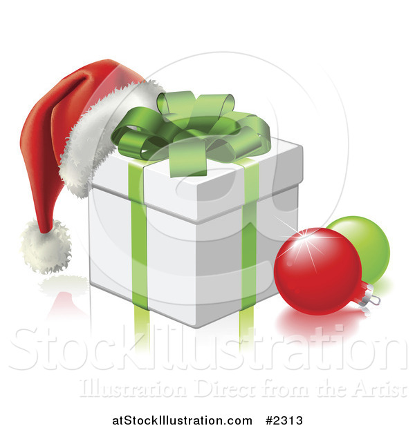 Vector Illustration of a 3d Santa Hat on a Gift Box with Baubles