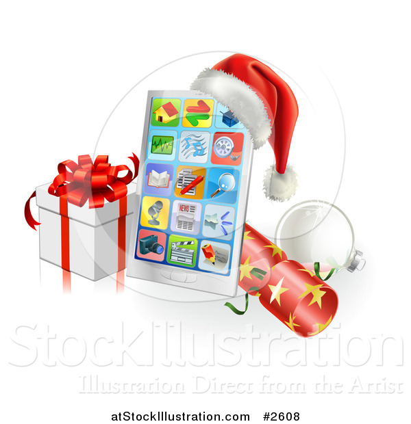 Vector Illustration of a 3d Santa Hat on a Touch Phone with a Bauble Cracker and Christmas Gift