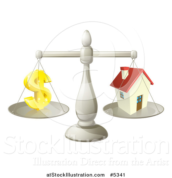Vector Illustration of a 3d Scale Comparing a Dollar Currency Symbol and a House