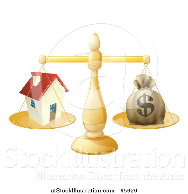 Vector Illustration of a 3d Scale Comparing a Dollar Money Bag and a House
