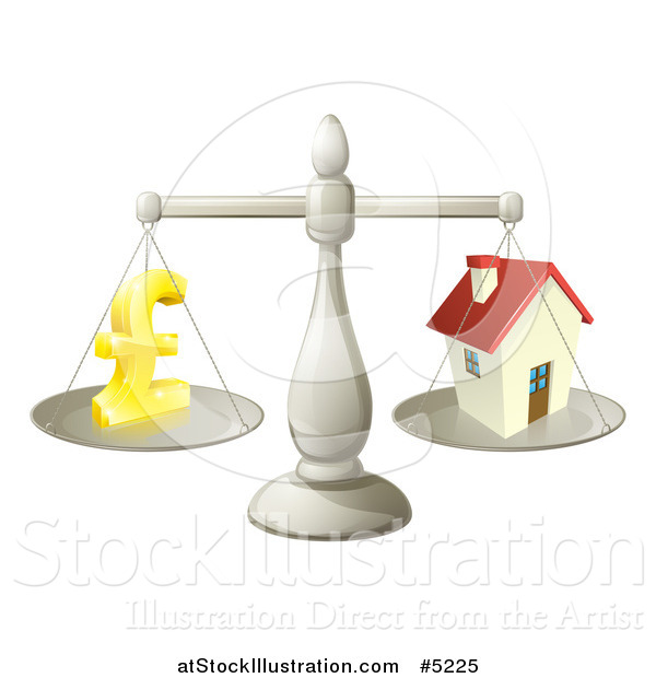 Vector Illustration of a 3d Scale Comparing a Pond Currency Symbol and a House