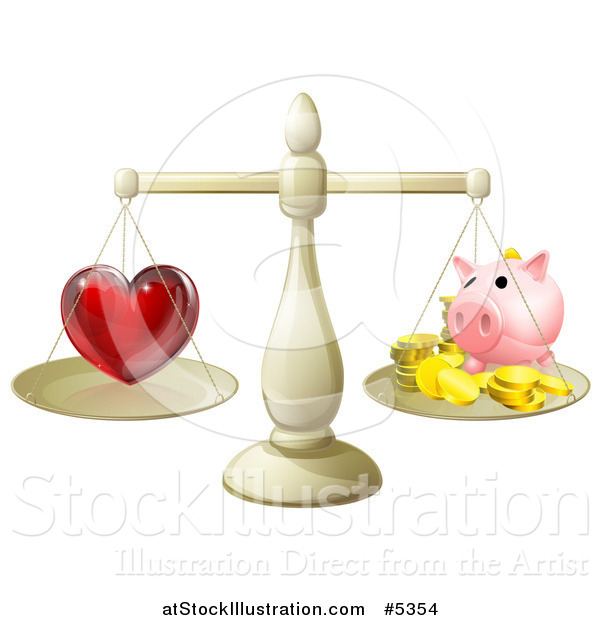 Vector Illustration of a 3d Scale Weighing Love and a Piggy Bank