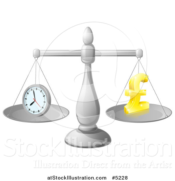 Vector Illustration of a 3d Scale with Balanced Time and Money Pound Symbol