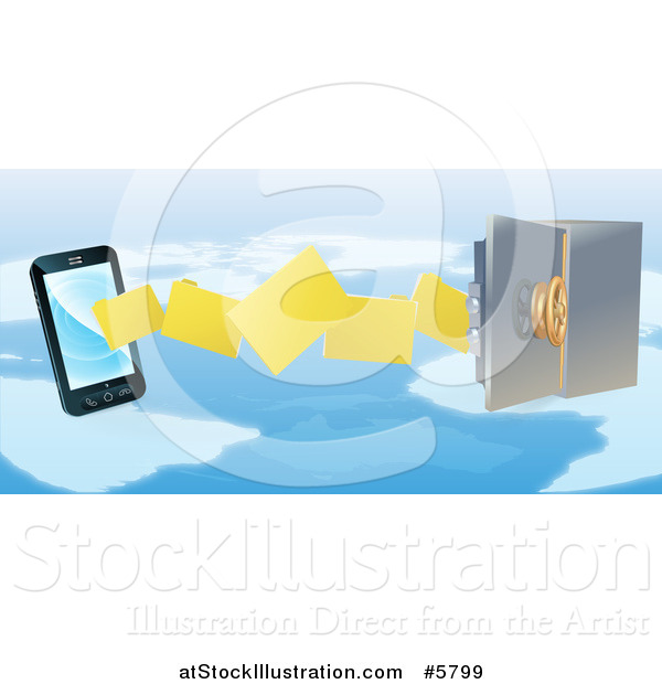 Vector Illustration of a 3d Secure Cell Phone Transfering Backup Files to a Safe over a Map
