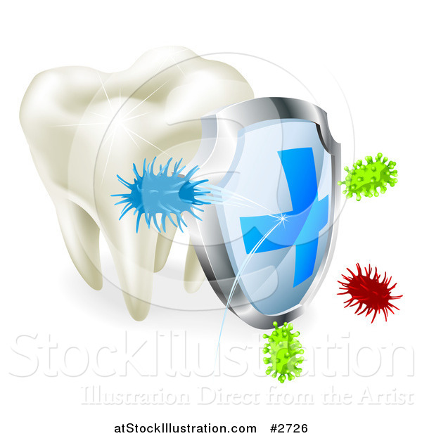 Vector Illustration of a 3d Shield Protecting a Human Tooth from Decay and Bacteria