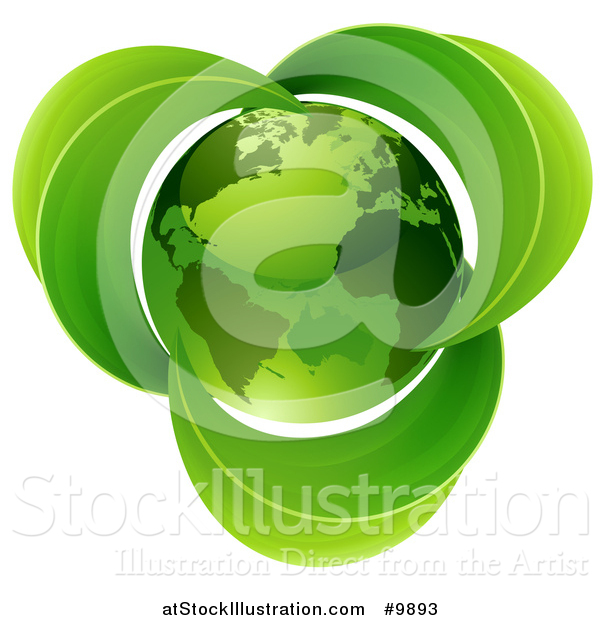 Vector Illustration of a 3d Shiny Green Earth Globe with Leaves