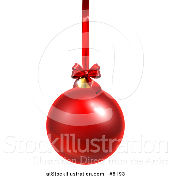 Vector Illustration of a 3d Shiny Red Christmas Bauble Ornament Hanging from a Ribbon