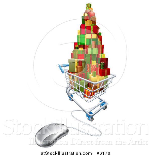 Vector Illustration of a 3d Shopping Cart Filled with Christmas Presents Connected to a Computer Mouse
