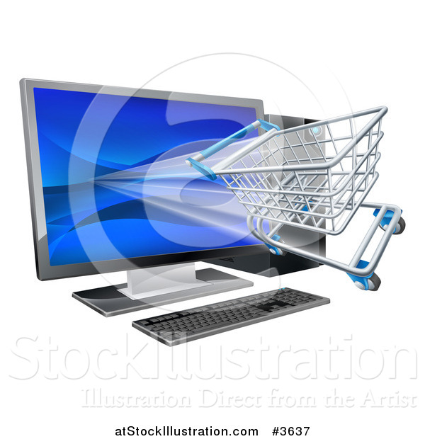 Vector Illustration of a 3d Shopping Cart Flying Through a Desktop Computer Screen