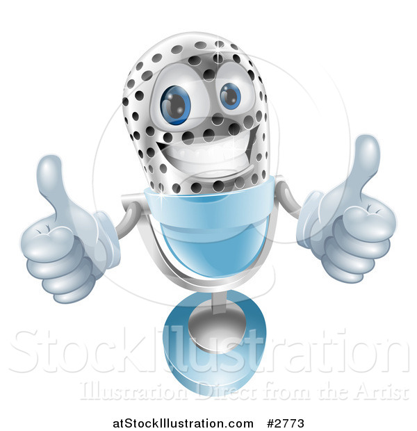 Vector Illustration of a 3d Silver and Blue Microphone Holding Two Thumbs up