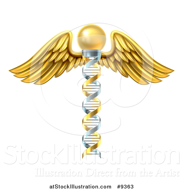 Vector Illustration of a 3d Silver and Gold Dna Strand Winged Medical Caduceus