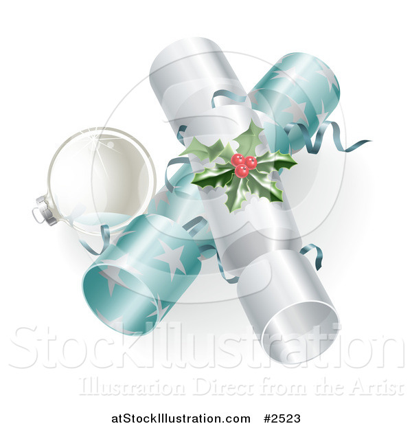 Vector Illustration of a 3d Silver Bauble and Christmas Crackers with Holly